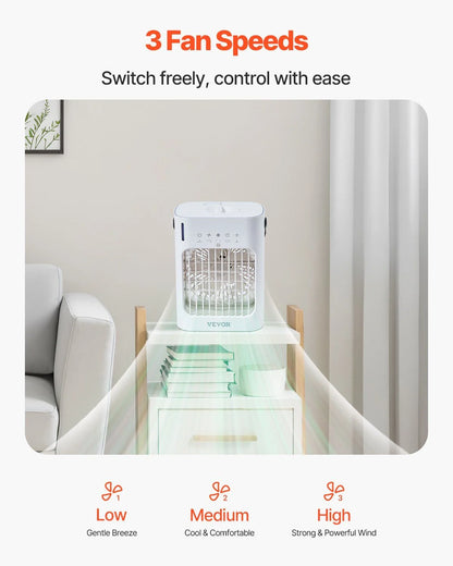 Portable 4 in 1 Evaporative Air Cooler 3 Speed Mini Air Conditioner with 07H Smart Timer 700Ml Water Tank 7 Color Light Personal Desk AC Fan for Bedroom Office