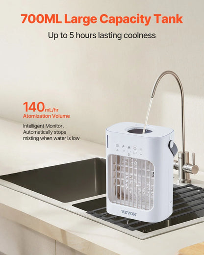 Portable 4 in 1 Evaporative Air Cooler 3 Speed Mini Air Conditioner with 07H Smart Timer 700Ml Water Tank 7 Color Light Personal Desk AC Fan for Bedroom Office